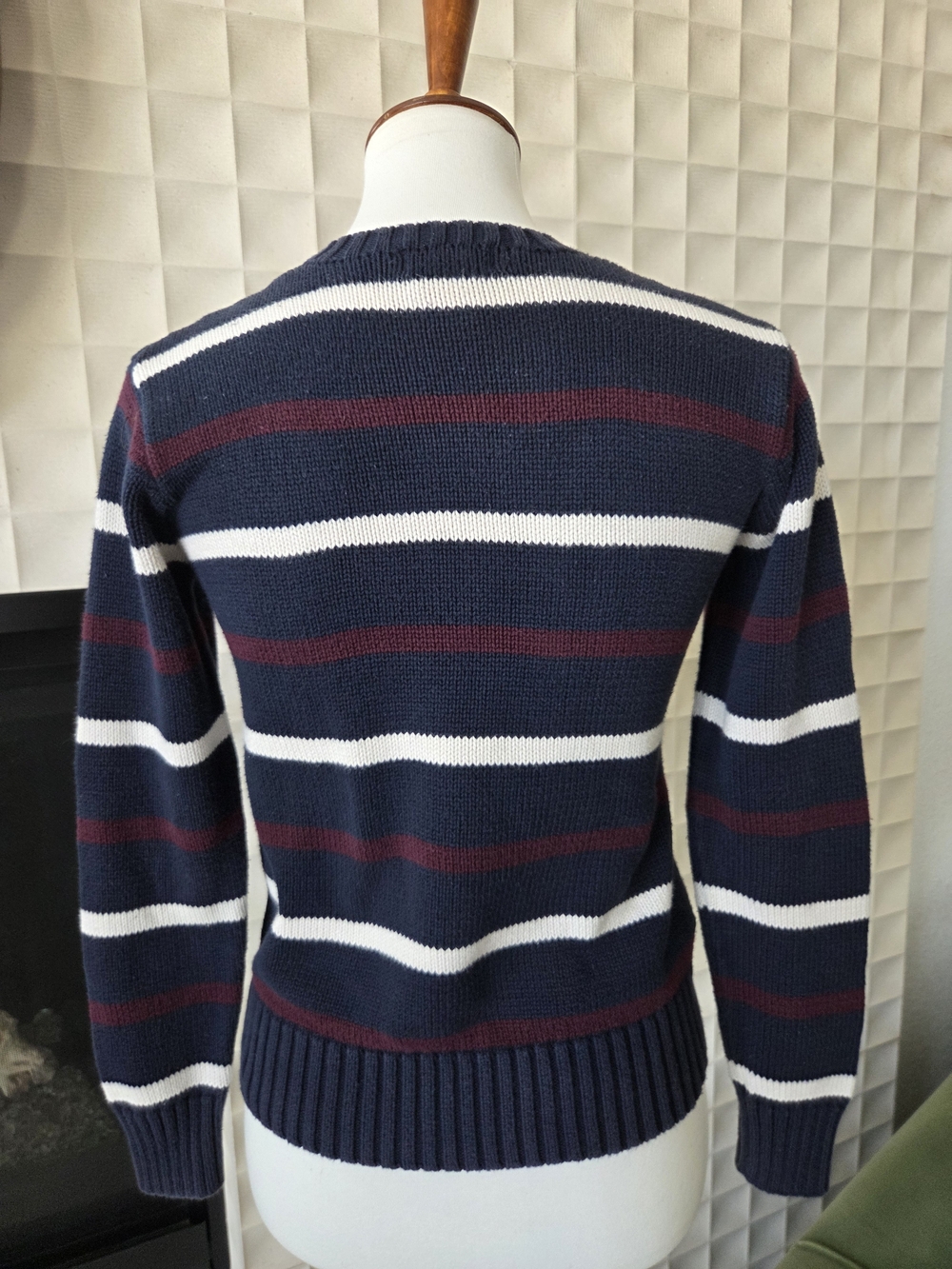 Vintage Polo Ralph Lauren 100% Cotton Sweater Preppy Navy Stripe Crewneck Medium - Picture 3 of 5
